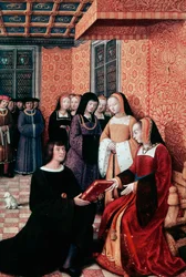Poeten Jean Marot (1450-1526) överlämnar sitt verk Voyage to Genoa till Anne av Bretagne (1477-1514), ca 1508, miniatyr av Jean Bourdichon (1457-1521). Frankrike
