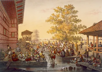 Fritidsscen i Pinarbasi, en stadsdel i Bursa. En berättare underhåller allmänheten, från puben Souvenirs de Constaninople. 1845