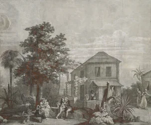 Family Time, tapetpanel från serien "Paul et Virginie", av Dufour & Cie, ca 1823
