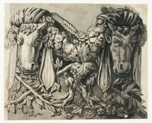 Ornament med två tjurhuvuden (recto); Skiss av geometriska bårder (verso)