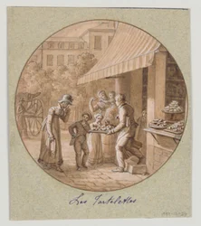 Design för en målad porslinstallrik, Les Tartelettes (Små tårtor) för Service des Objets de Desserts (Dessertservice)
