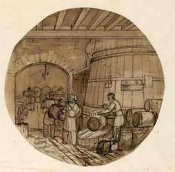 Ritning, Förslag till målad porslinstallrik, interiör från vinbränneri, 1831-44