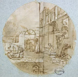 Frimurarens verkstad, plåtdesign för en tjänst som visar olika yrken, ca 1820-35 (penna och bläck samt tvätt och gouache på papper)