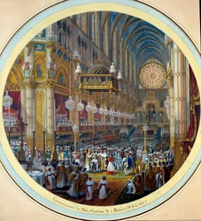 Kröningen av Karl X (1757-1836) i katedralen i Reims den 28/05/1825. Akvarell för ett guéridonprojekt av Jean-Charles Develly (1783-1862), 1825. Diam. 0,37m. Sèvres. Porslinsmanufaktur
