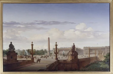 Place de la Concorde, vy från terrassen vid vattnet; kung Louis-Philippe korsar torget i en vagn, 1846 (olja på duk)