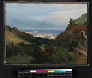 Italienskt landskap med utsikt över en hamn, före 1875