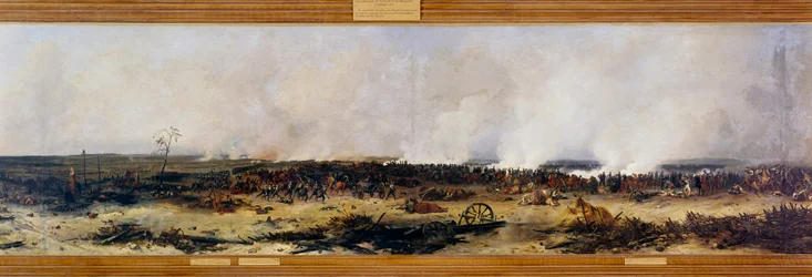 Fälttåget i Ryssland: "Panorama över slaget vid Moskva den 7/09/1812". Slaget vid Moskva, även slaget vid Borodino, mellan Napoleon I Bonapartes (1769-1821) fransmän och den ryska kejserliga armén ledd av Michail Golenisjtjev Kutuzov (Golenishchev
