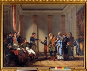 Kejsar Napoleon I:s välgörenhet (1769-1821) under den polska kampanjen i januari 1807: Kejsaren gav en pension på hundra napoleoner till Nerocki, 117 år Målning av John Charles Tardieu (1765-1830) 1800-talets sön. 1,15x1,46 m - Emp