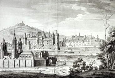 Utsikt över klostret Saint-Germain-des-Pres, Louvren, Petit Bourbon, Montmartre och Seine 1410, graverad av Antoine Herisset (1685-1769)