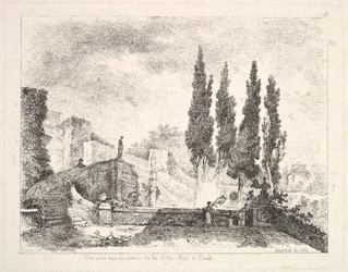 Utsikt över trädgårdarna vid Villa dEste i Tivoli, cyperns träd till höger, en trappa leder..., 1764.