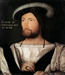 Porträtt av Claude de Lorraine, hertig av Guise, målning av Jean Clouet, bevarad på Palatine-galleriet i Pitti-palatset, Florens - Renässanskonst: Porträtt av Claude de Lorraine, hertig av Guise (1496-1550). Målning av Jean Clouet (1475-1541), Oil on Wo