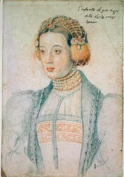 Porträtt av Maria av Portugal (1521-1578), dotter till Manuel I av Portugal och Eleonore av Österrike. Rita en svart sten och blod av Jean Clouet (1475/1485-1540)