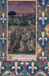 Ms. Lat. Q.v.I.126, fol. 100: Judaskyssen, ur ”Ludvig av Orléans tidebok”, 1469