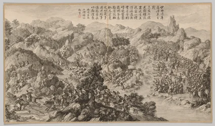 Slaget vid Yixier Kuernaoer: från Battle Scenes of the Quelling of Rebellions..., c1765-1774.