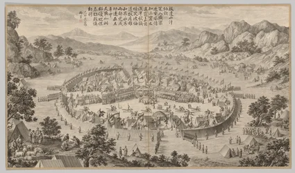 Khan of Bada Shan presenterar hyllning: från Battle Scenes of the Quelling of Rebellions, ca. 1765-177