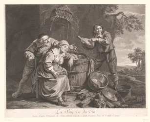 Kvinna som sover vid en tunna med vinglas i handen La Surprise du Vin. (titel på objekt) Tryck efter Le Nain (serietitel)