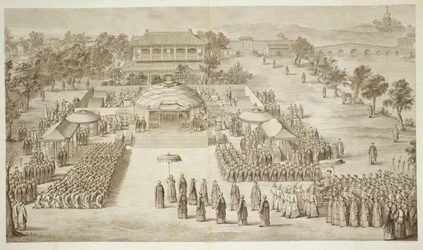 Kejsar Qianlong tar emot hyllningar från de erövrade Eleutherna (tartariska kalmucker), platta 2 från en serie tryck som föreställer kejsaren av Kinas erövringar, graverad av Jacques Philippe Le