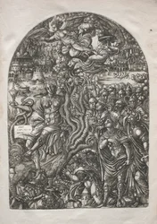 Apokalypsen: Skökan Babylon, sittande på det sjuhövdade odjuret, 1546-1556.