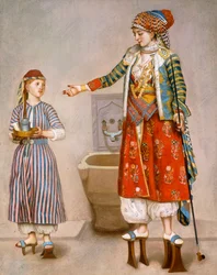 En kvinna i turkisk kostym i en hamam som instruerar sin tjänare,