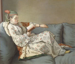La Sultane Lisant", En dam i turkisk kostym som läser på en divan,