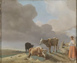 Landskap med kor, får och herdinna, modifierad kopia efter en målning av Paulus Potter, herdinnan kopierad från en målning av Karel Dujardin (recto); oavslutat porträtt av en man (omvänd)