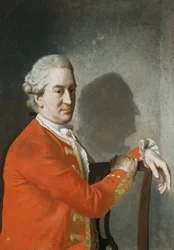 Porträtt av James Hamilton, 2:e earl av Clanbrassil, halvfigur, i röd rock, sittande i en mahognystol, hans profil kastar skuggor på väggen bakom, 1774