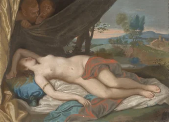 Sovande nymf iakttagen av satyrer, baserad på en målning efter ett tryck efter Anthony van Dyck