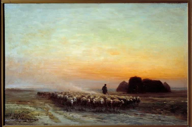Flock får i damm. Målning av Jean Ferdinand Chaigneau (1830-1906)