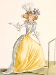 Collerette a la Henri IV, platta från "Galeries des Modes et Costumes Francais", ca 1778-87 99:kläder; traditionell klädsel; traditionell dräkt; mode; illustration; 1800-tal; mode