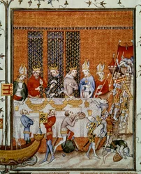 Bankett given av Frankrikes kung Karl V (1338-1380) i Palais de la Cité till ära för kejsar Karl IV (1316-1378) och Böhmens kung Wencel IV (1363-1419). Miniatyr ur „Frankrikes stora krönikor” av Jean Fouquet (1420-1481), Paris, B.N.