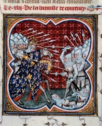 Slaget vid Kortrijk mellan Filip IV the Bel (1268-1314) och det flamländska så kallade slaget vid Golden Spurs 11/07/1302 Miniatyr hämtad från "" Les grandes chronicles de France"" av Jean Fouquet (1420-1481) 1400-talet . Paris, B.N.