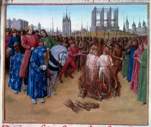 Fördömande och tortyr av amaurikerna (anhängare av Amaury de Chartres, fransk filosof och teolog från 1100-talet) i närvaro av Filip II känd som Philip Auguste (1165-1223). Manuskript "" Grandes Chronicles de France "" (Folio 236