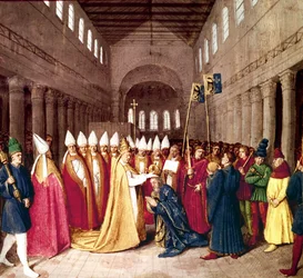 Kejsar Karl den stores kröning den 25 december 800 i Rom av påve Leo III, illumination ur "Les Grandes Chroniques de France" av Jean Fouquet, omkring 1455-1460