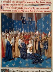 Kröningen av Ludvig VIII (1187-1226) och Blanka av Kastilien (1188-1252) i Reims 1224. Miniatyr ur manuskriptet "Grandes Chroniques de France" av Jean Fouquet (1420-1481), 1400-talet. Paris, B.N.
