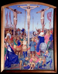 Korsfästelse. Miniatyr hämtad från "" The Book of Hours of Etienne Chevalier"" av Jean Fouquet (1420-1477/1481)