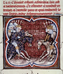 Fransk-engelska kriget (1202-1214): Slaget vid Bouvines den 27/07/1214 mellan den franska armén Philippe Auguste och flamländarna och Welfs av Othon IV. Den franska segern var avgörande för krigets utgång. Miniatyr från "Great Chronicles of France" b