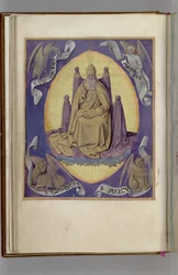 Gud Fadern med symboler för de fyra evangelisterna i hörnen. Timmens bok, 1450-1499
