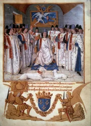 Innehas av ett kapitel av Saint Michel Order kring Ludvig XI (1423-1483) Miniatyr ur "Stadarna för Saint-Michel Order" av Jean Fouquet (1420-1481) 1470 Paris, B.N.