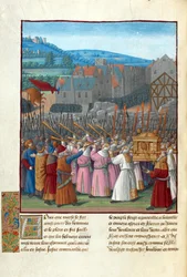 Josua och Jerikos fall. Illustration i Flavius Josephus ""Judarnas antikviteter"" (Antiquitatum Iudaicarum) av Fouquet, Jean (1420-1481). Gouache på pergament, sent 1400-tal, Bibliotheque Nationale de France