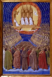 Den heliga treenigheten, de heligas rösträtt miniatyr i "" Etienne Chevaliers timmar"" av Jean Fouquet (1420-1481)