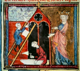 Ludvig vi le gros (1081 - 1137) övervakar uppförandet av en byggnad. Miniatyr i "Grandes chroniques de france" av Jean Fouquet (1420-1481).