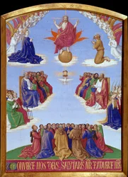Pentecote: den helige Andes himmelsfärd. Miniatyr hämtad från "" The Book of Hours of Etienne Chevalier"" av Jean Fouquet (1420-1477/1481)