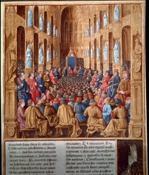 Påven Urban II (1042-1099) predikar det första korståget vid kyrkomötet i Clermont i Frankrike och förenar riddare, adel och kardinaler