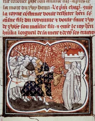 Drottning Constance av Arles (986-1032) överlämnar sig till sin son Henrik I, Frankrikes kung (1008-1060) Miniatyr från "Les grandes chronicles de France" av Jean Fouquet (1420-1481) 1400-talet Paris, B.N.