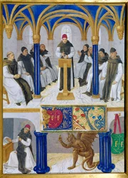 Föreställning av Sankt Bernhard av Clairvaux (San Bernardo di Chiaravalle) (1090-1153) lärare och tält av djävulen Miniatyr från "Etienne Chevaliers Timbok" av Jean Fouquet (1420-1477/1481)