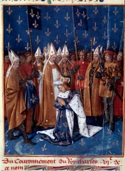 Karl VI:s kröning i Reims 1380. Miniatyr i Grandes Chroniques de France (folio 457v), illuminerad av Jean Fouquet (1420-1481), 1455-1460. Frankrikes nationalbibliotek, Paris.