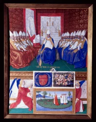 Saint Hilaire Saint Hilaire (Saint-Hilaire) (401-449) till rådet sammankallat av påven Leon I omkring 445-445 Miniatyr hämtad från "The Book of Hours of Etienne Chevalier" av Jean Fouquet (1420-1477/1481)