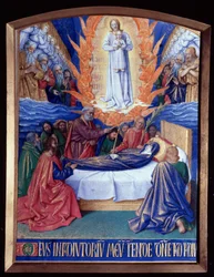 The Hours of the Virgin: The Death of the Virgin Miniature i "The Hours of Etienne Chevalier" av Jean Fouquet (1420-1481)