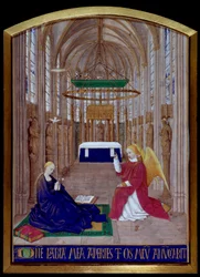 Miniatyrbebådelsen hämtad från "" The Book of Hours of Etienne Chevalier"" av Jean Fouquet (1420-1477/1481)