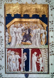 Karl VI:s (1368-1422) kröning av Frankrikes pärer den 16/09/1380. Miniatyr ur "Grandes Chroniques de France", 1400-talet, Paris, Bibliothèque nationale